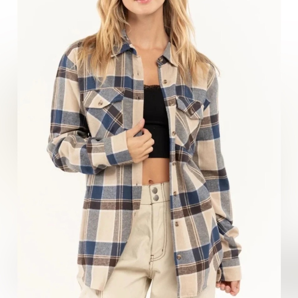 RSQ Navy, Brown and Tan Plaid Shirt